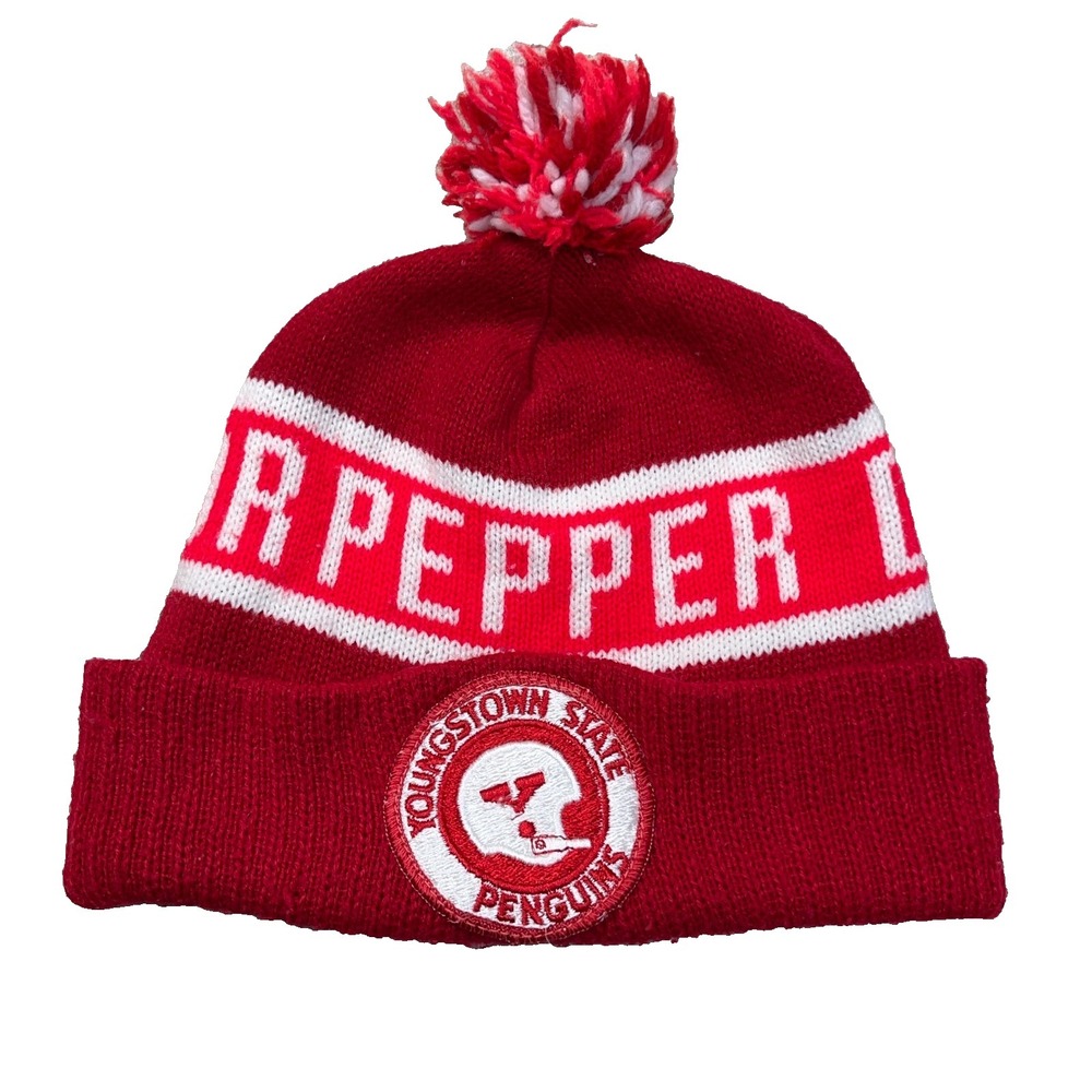 Vintage Dr Pepper Beanie Hat Cap Toboggan Cuffed 90s Youngstown State Patch Soda